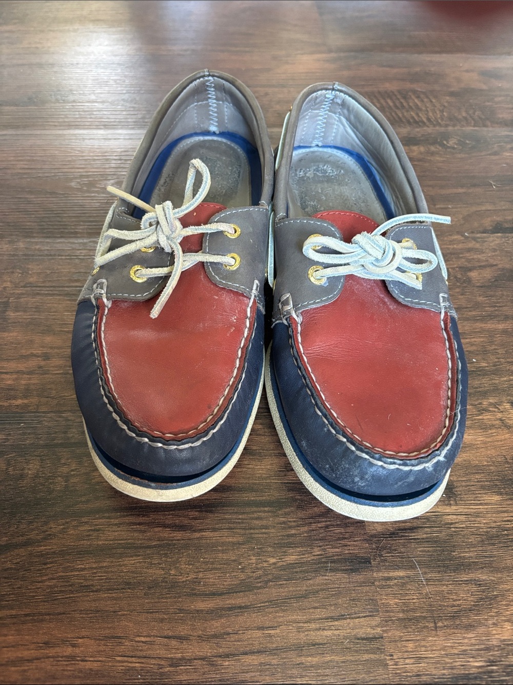 Men's Sperry Top Sider Two-Tone Red & Navy Leather Boat Shoes - Picture 4 of 7